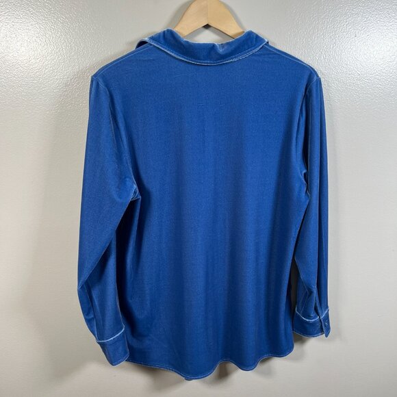 Soft Surroundings Velvet Boyfriend Shirt Size Medium Petite Coastal Blue Buttons - Picture 2 of 10